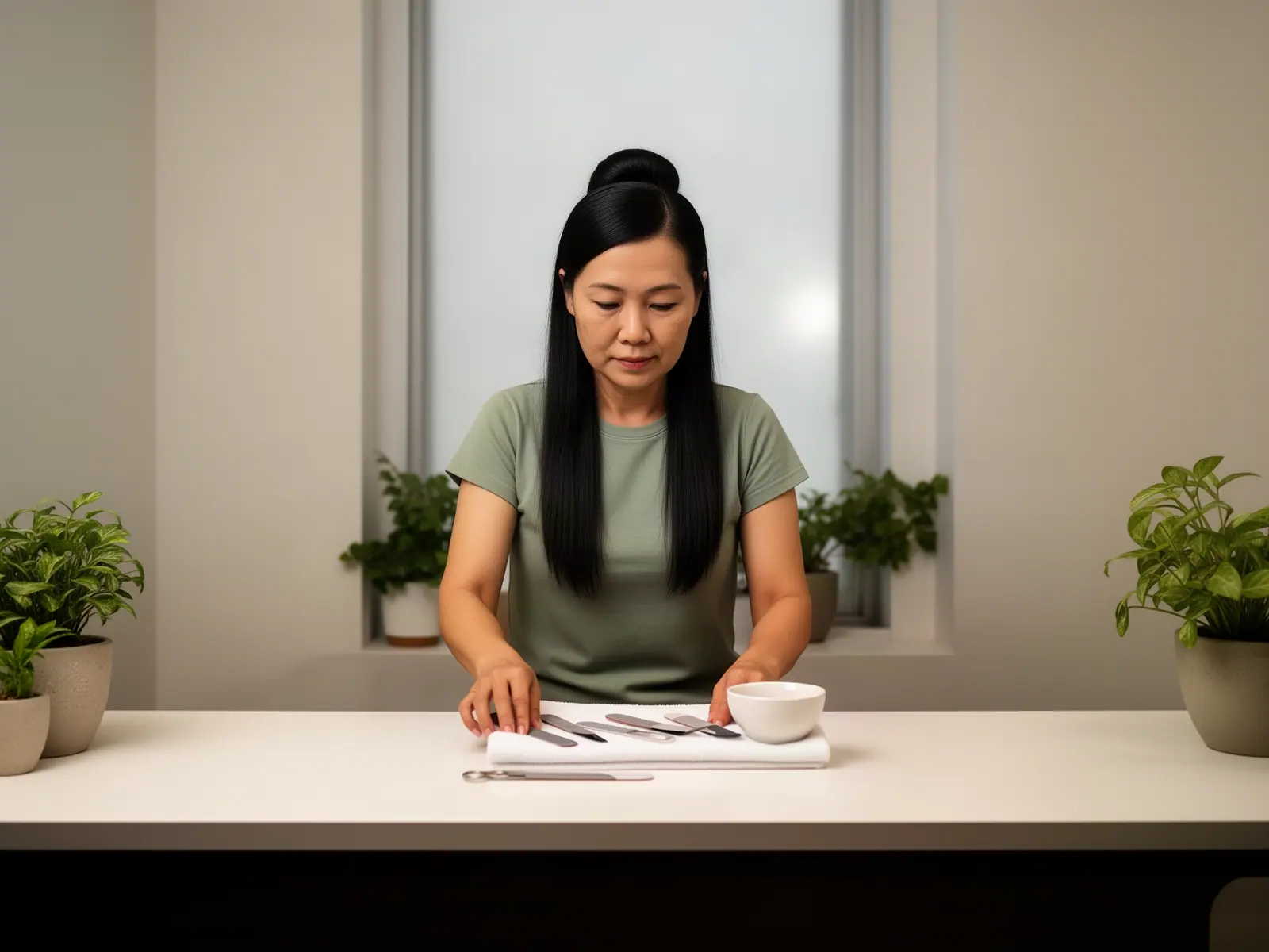 A nail-salon owner laying out files and a small bowl on a white counter on a soft morning.